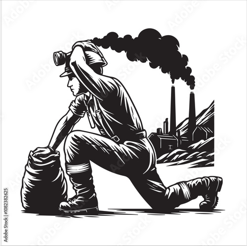 Coal Miner Kneeling and Looking Ahead. A vintage-style illustration of a coal miner kneeling with a pickaxe in one hand and shielding his eyes with the other as he looks ahead.