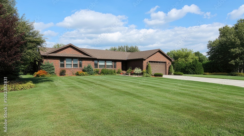 Charming One-Story Brick Residence with Lush Green Lawn and Scenic Cloudy Sky, Ideal for Family Living and Outdoor Activities in a Suburban Neighborhood Charming One-Story Brick Residence with Lush Green Lawn and Scenic Cloudy Sky, Ideal for Family Living and Outdoor Activities in a Suburban Neighborhood