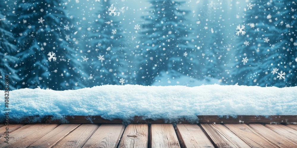Obraz premium Festive winter scene with snow-covered wooden table and falling snowflakes against a blue background, perfect for seasonal and holiday themes.