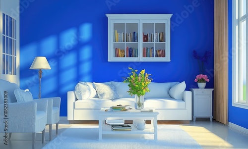 A living room with blue walls, a white sofa and chairs, a wooden floor and coffee table, decorated with flowers in vases on the side tables