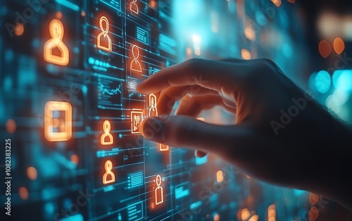 Businessman hand selecting employee icons from floating digital database