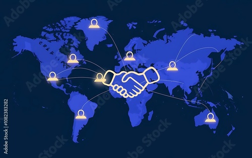 Global Partnership: A stylized world map depicts a handshake at its center, symbolizing international collaboration and interconnectedness.  Lines radiate outwards. #1082383282