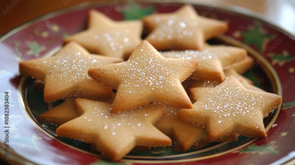 Deliciously Baked Star-Shaped Cookies with Sparkling Sugar on a Festive Plate Ready for Holiday Celebrations or Gatherings in Cozy Settings Deliciously Baked Star-Shaped Cookies with Sparkling Sugar on a Festive Plate Ready for Holiday Celebrations or Gatherings in Cozy Settings