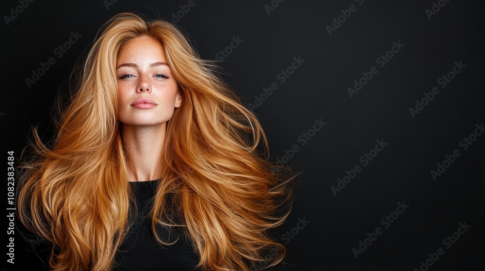 A striking studio shot of a woman with voluminous golden hair, exuding elegance and sophistication. The controlled setting focuses on beauty and allure. A striking studio shot of a woman with voluminous golden hair, exuding elegance and sophistication. The controlled setting focuses on beauty and allure.