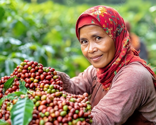 Coffee plantation in Indonesia with farmers picking beans, lush tropical environment, green coffee trees, traditional harvesting, vibrant natural colors, serene rural landscape