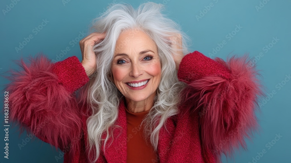 A joyful mature woman with gray hair and a red feathered jacket smiles warmly, illustrating happiness and vibrant style in a colorful studio portrait. A joyful mature woman with gray hair and a red feathered jacket smiles warmly, illustrating happiness and vibrant style in a colorful studio portrait.
