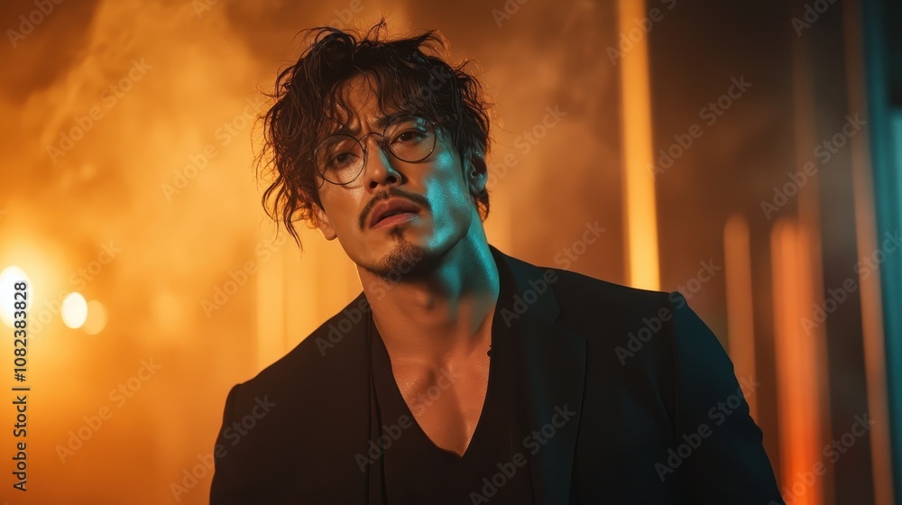 An expressive portrait of a man wearing glasses and dark attire amid dramatic, atmospheric lighting. His contemplative pose suggests introspection and mystery. An expressive portrait of a man wearing glasses and dark attire amid dramatic, atmospheric lighting. His contemplative pose suggests introspection and mystery.