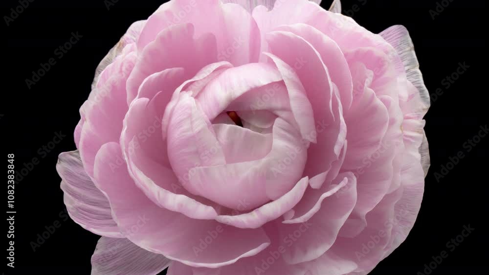 Beautiful pink buttercup, ranunculus flower opening on black background Beautiful pink buttercup, ranunculus flower opening on black background