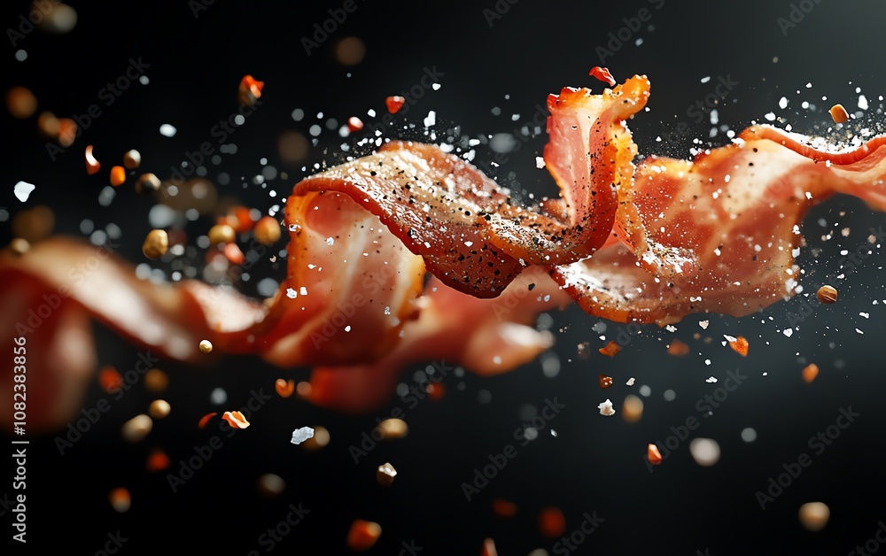 Falling bacon strips with pepper and salt, flying in action, dark background, crispy texture, seasoning accents, bold advertising design, dynamic and modern style Falling bacon strips with pepper and salt, flying in action, dark background, crispy texture, seasoning accents, bold advertising design, dynamic and modern style