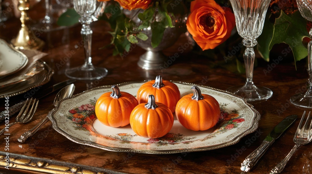 Elegant Table Setting Featuring Seasonal Pumpkin Decorations and Vibrant Floral Arrangements in a Cozy Autumn Atmosphere Elegant Table Setting Featuring Seasonal Pumpkin Decorations and Vibrant Floral Arrangements in a Cozy Autumn Atmosphere