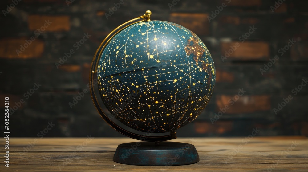 Antique astronomical globe featuring a celestial design with constellations, planets, and stars, displayed on a wooden table against a rustic background, emphasizing the beauty of the universe. Antique astronomical globe featuring a celestial design with constellations, planets, and stars, displayed on a wooden table against a rustic background, emphasizing the beauty of the universe.