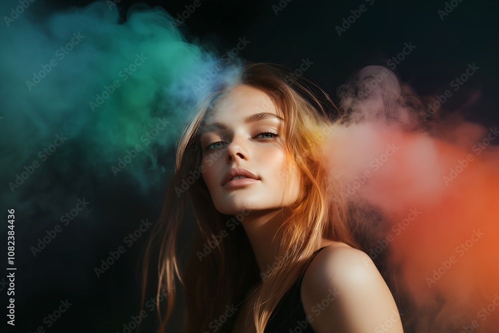 Close-up portrait of beautiful brunette fitness model in tank top, front view, looking at camera with dramatic light and smoke effects Close-up portrait of beautiful brunette fitness model in tank top, front view, looking at camera with dramatic light and smoke effects