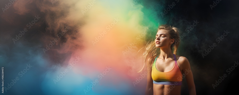 Artistic portrait of young beautiful blonde woman with long ponytail, eyes closed, wearing rainbow-colored sports bra, surrounded by vibrant colorful smoke Artistic portrait of young beautiful blonde woman with long ponytail, eyes closed, wearing rainbow-colored sports bra, surrounded by vibrant colorful smoke