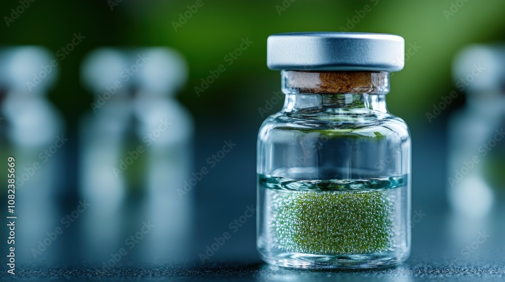 Glass Vial Filled with Green Liquid and Small Particles Glass Vial Filled with Green Liquid and Small Particles