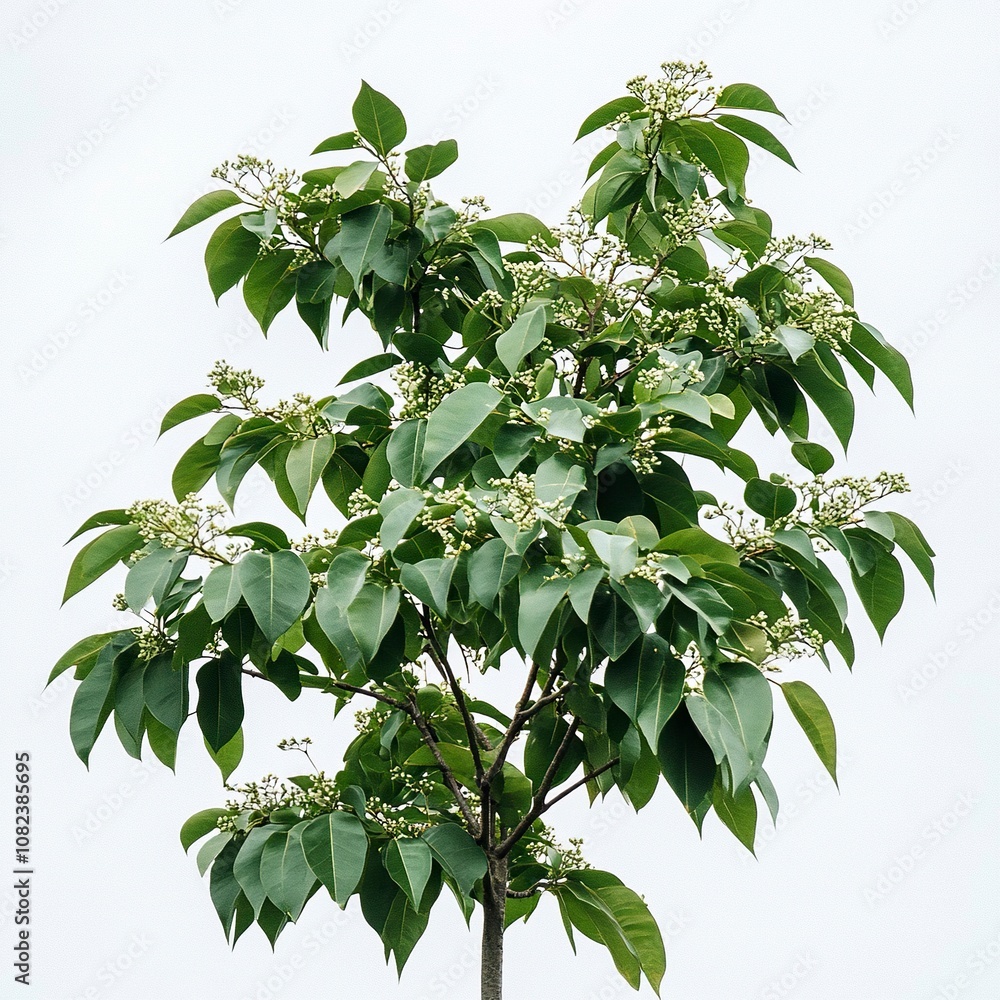 photoshoot image of A vibrant camphor tree standing tall with broad, glossy green leaves and clusters of small white flowers. generative ai photoshoot image of A vibrant camphor tree standing tall with broad, glossy green leaves and clusters of small white flowers. generative ai