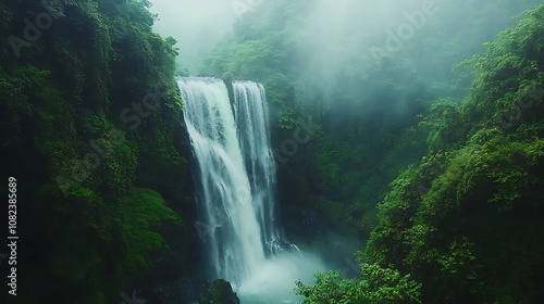 A breathtaking waterfall scene framed by lush greenery, highlighting composition techniques for waterfall photography 