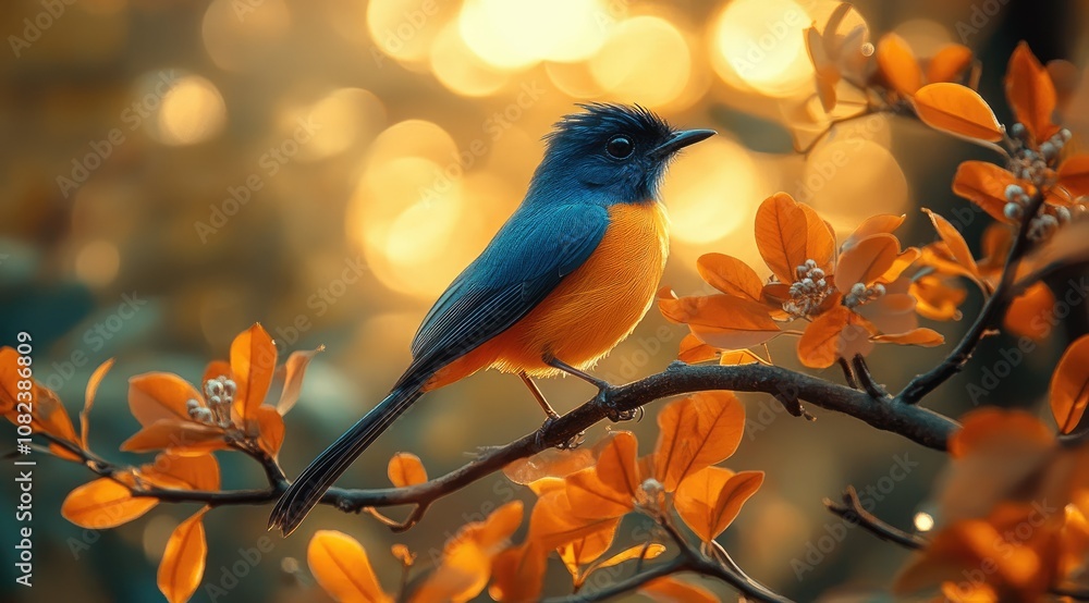 A vibrant blue and orange bird perched on a branch with orange leaves, bathed in the warm glow of the setting sun. A vibrant blue and orange bird perched on a branch with orange leaves, bathed in the warm glow of the setting sun.
