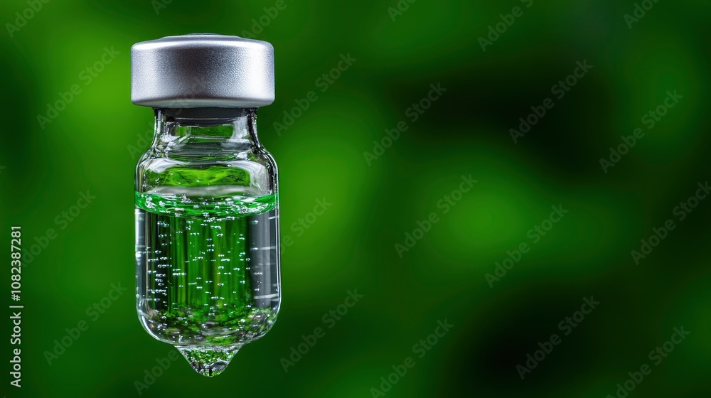 Glass Vial with Green Liquid Against Green Background Glass Vial with Green Liquid Against Green Background