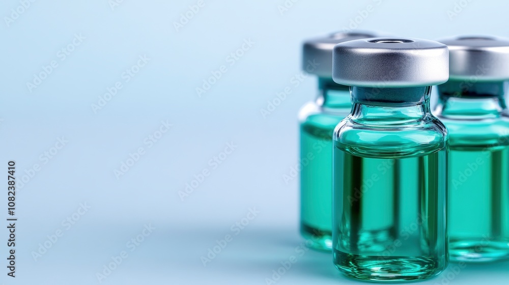 Three Glass Vials Filled with Green Liquid on Blue Background Three Glass Vials Filled with Green Liquid on Blue Background