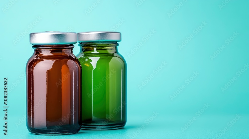 Two Glass Bottles with Silver Caps on a Blue Background Two Glass Bottles with Silver Caps on a Blue Background