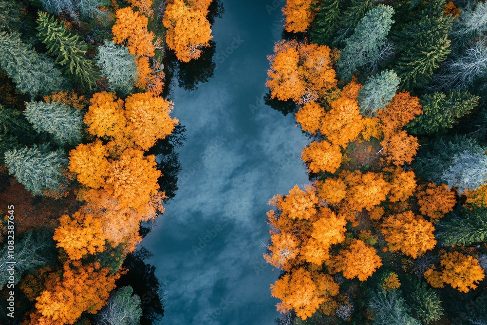 Fototapeta premium Drone view of a wide river surrounded by vivid autumn foliage in a deciduous forest, golden leaves reflecting on calm water, afternoon light 1
