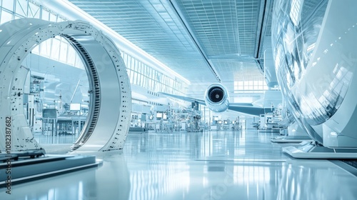A modern aircraft manufacturing facility showcasing engine components and an airplane.