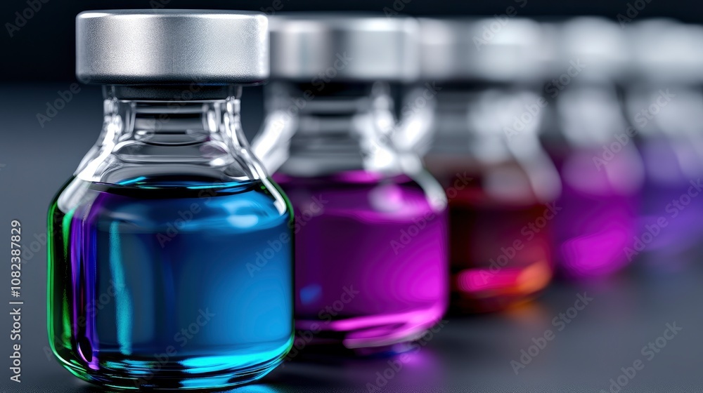 Row of Glass Vials with Colored Liquids Row of Glass Vials with Colored Liquids