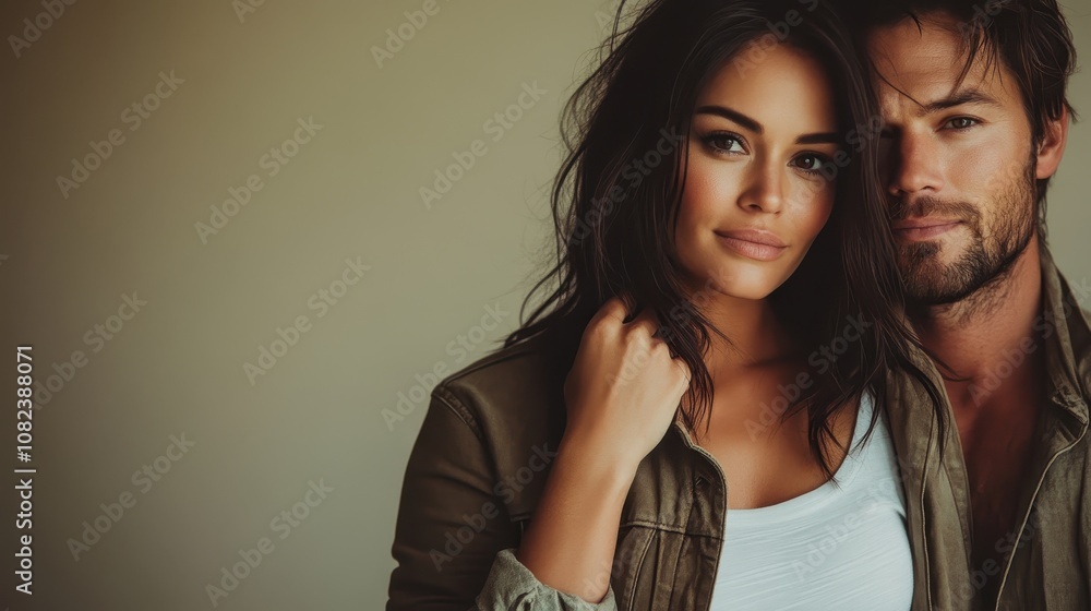 A couple poses together wearing casual jackets, displaying natural expressions and a sense of connection, set against a neutral background, highlighting genuine warmth. A couple poses together wearing casual jackets, displaying natural expressions and a sense of connection, set against a neutral background, highlighting genuine warmth.