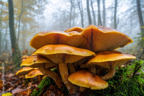 Cluster of enormous mushrooms with glowing spores, dark forest, misty air and low fog, nighttime ambiance, medium close-up, enchanting and magical atmosphere 2 photo