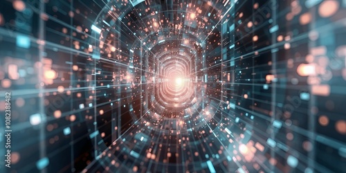 Fototapeta Naklejka Na Ścianę i Meble -  Abstract digital tunnel with glowing lights.