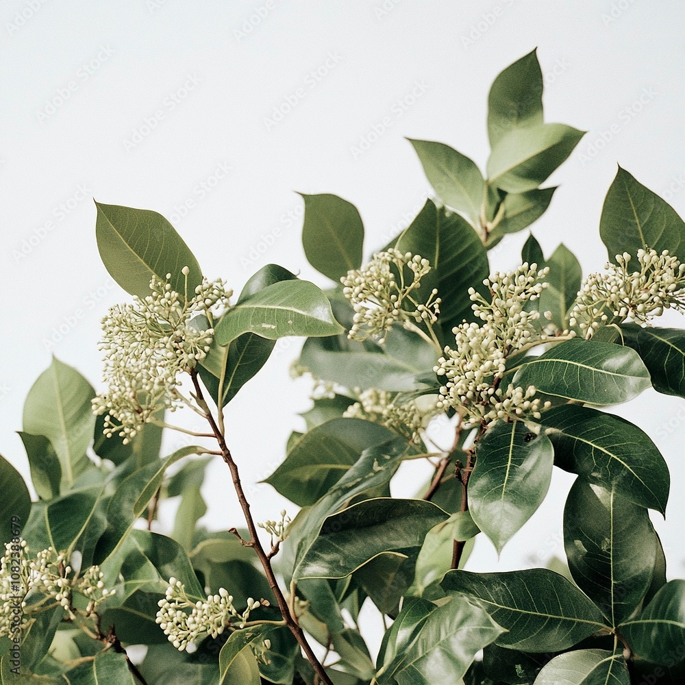 Fototapeta premium photoshoot image of A vibrant camphor tree standing tall with broad, glossy green leaves and clusters of small white flowers. generative ai