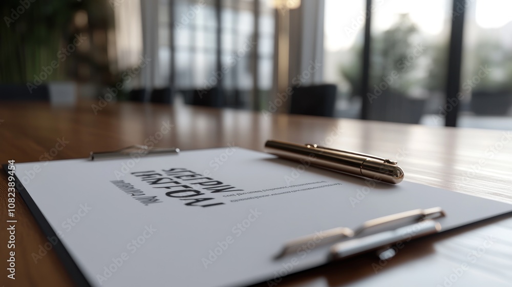 A close-up of a document on a wooden table with a pen, suggesting a business meeting. A close-up of a document on a wooden table with a pen, suggesting a business meeting.