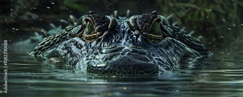 fierce crocodiles swim in calm waters, their powerful jaws and striking eyes catching the viewer's attention, while a black fish swims by in the background photo