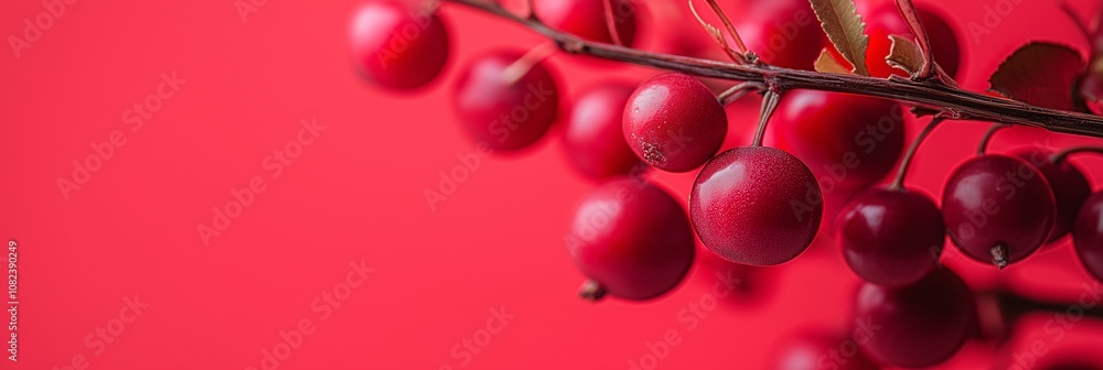 Clusters of round red berries hang from a branch against a harmonious red background. Clusters of round red berries hang from a branch against a harmonious red background.