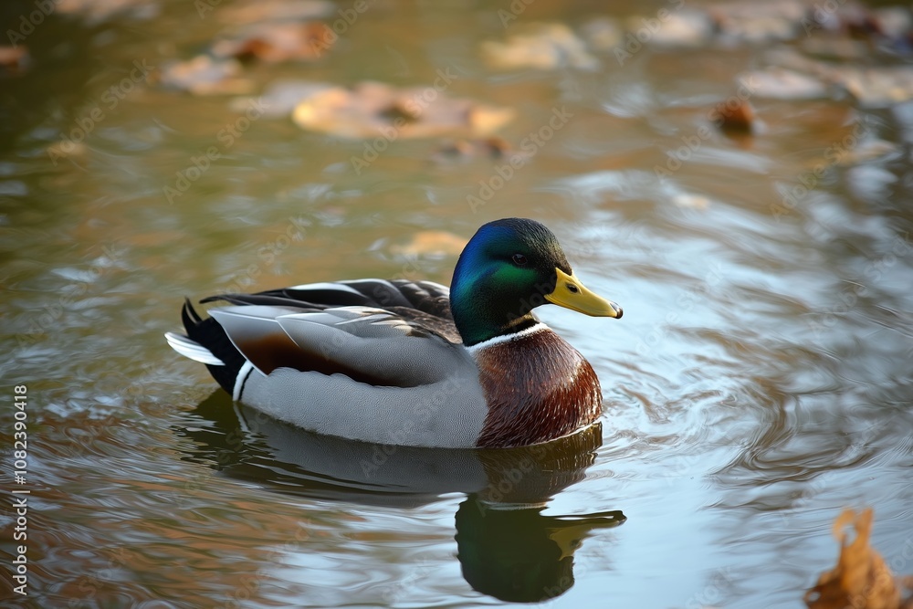 Obraz premium A colorful duck floating on a tranquil pond surrounded by fallen leaves and gentle ripples.