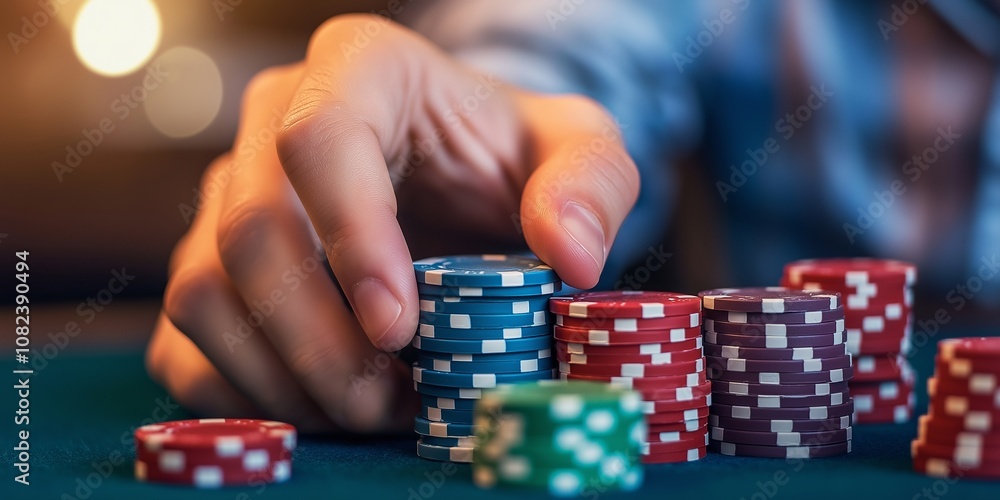 Close-up of a hand artfully arranging colorful poker chips, depicting strategy and chance in a game of poker. Close-up of a hand artfully arranging colorful poker chips, depicting strategy and chance in a game of poker.