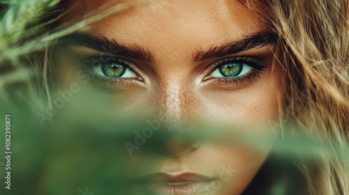 An intense close-up portrait showcasing the captivating gaze of an individual peering through vibrant green foliage, highlighting deep emotions and natural beauty.