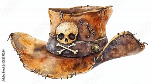 A detailed illustration of a vintage cowboy hat featuring a skull and crossbones design, ideal for pirate themes and costumes. photo