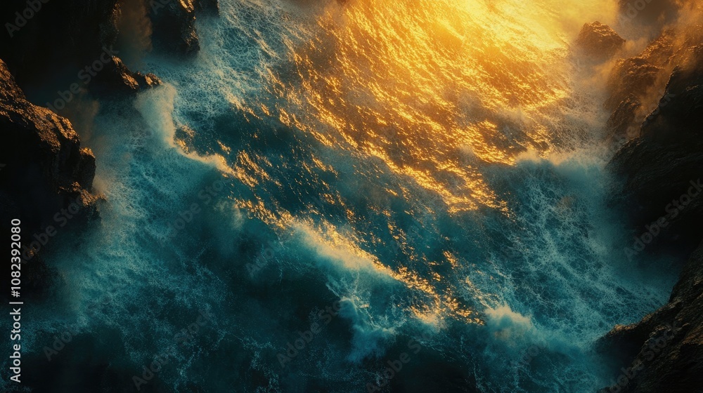 Obraz premium Aerial View of Crashing Waves on a Rocky Coastline with a Stunning Sunset Reflecting Over the Serene Blue Ocean, Ideal for Coastal Travel, Nature Adventures, and Scenic Photography Themes