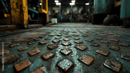 Wide angle of a factory's tread plate floor, raised diamonds in well-worn metal, subtle rust, scuff marks visible, soft overhead light casting mild shadows photo