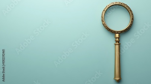 A golden magnifying glass on a light blue background.