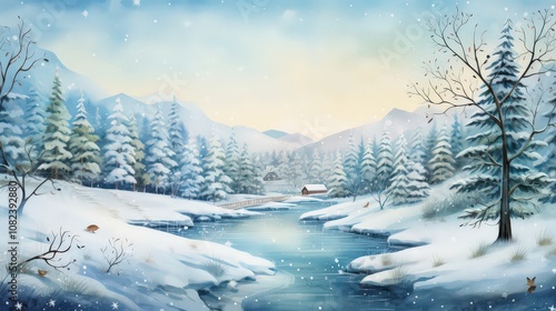 Minimalistic winter panoramic landscape with copy spaces, illustration in watercolor style. Christmas winter card.