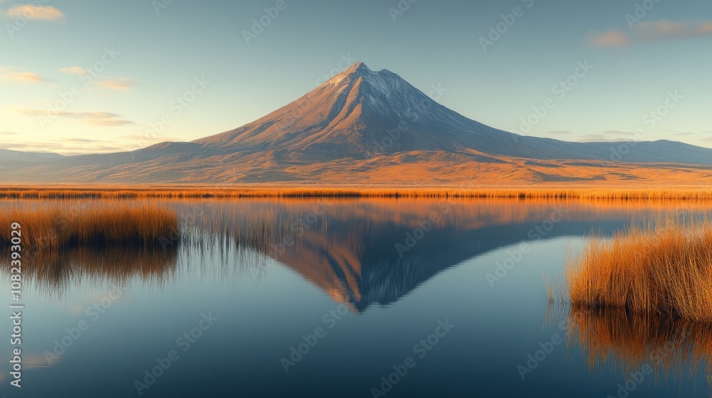 Fototapeta premium Serene mountain reflection in calm waters at sunrise.
