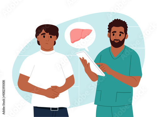 Doctor talks to a patient about hepatitis. Diagnosis and treatment of liver diseases. July is hepatitis awareness month. Consultation of a gastroenterologist. Vector illustration in flat style