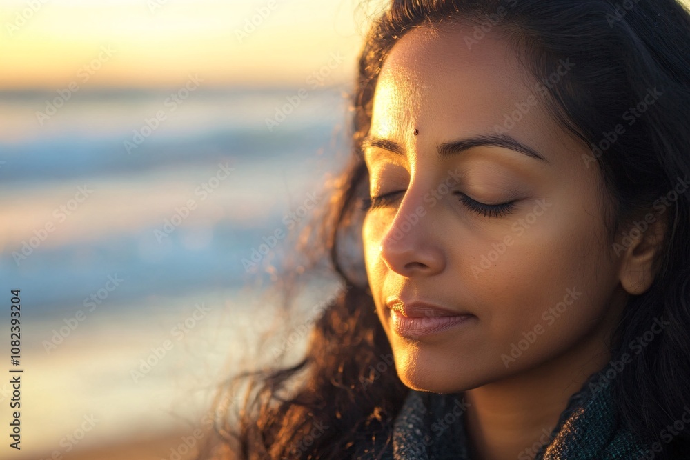 Young woman of Indian descent meditating at sunset on a beach, ocean waves in background, serene and focused expression, golden light, close-up capturing peaceful energy 6 Young woman of Indian descent meditating at sunset on a beach, ocean waves in background, serene and focused expression, golden light, close-up capturing peaceful energy 6