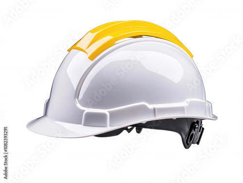 Construction Hard Hat with Yellow Brim and PROTECTION Logo on White Plastic Helmet photo