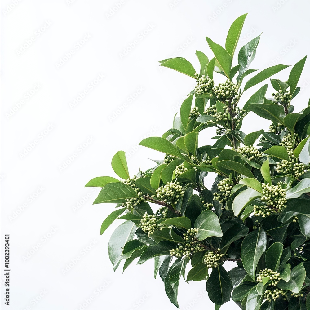 Obraz premium photoshoot image of A vibrant camphor tree standing tall with broad, glossy green leaves and clusters of small white flowers. generative ai