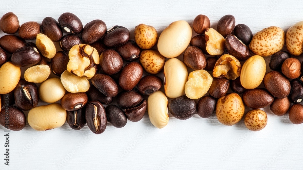 A variety of mixed nuts and beans arranged on a white surface. A variety of mixed nuts and beans arranged on a white surface.
