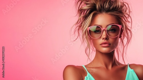 A chic woman wearing trendy pink cat-eye sunglasses and aqua attire stands against a soft pink backdrop, showcasing her fashionable and stylish personality.