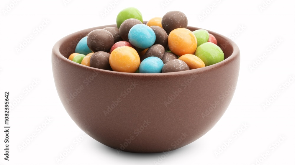 Colorful Candy Coated Chocolates in a Brown Bowl on a White Background, Perfect for Sweet Treats, Desserts, and Festive Celebrations or Events Colorful Candy Coated Chocolates in a Brown Bowl on a White Background, Perfect for Sweet Treats, Desserts, and Festive Celebrations or Events